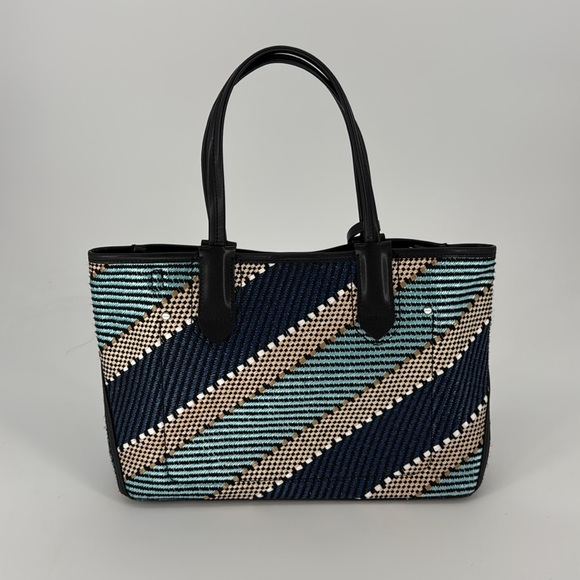 CALVIN KLEIN Jacky Raffia Straw Slouchy Tote Blue Gold Multi Bag AUTHENTIC - Picture 2 of 11